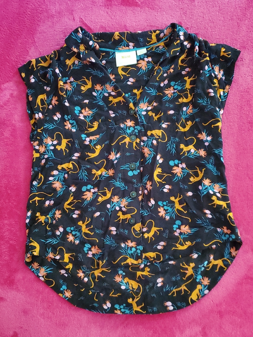 Anthropologie Black Button-Down Top with Mustard Monkey & Teal Floral Print